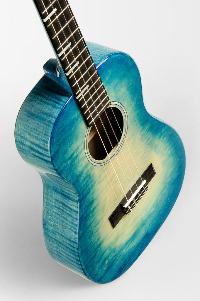 All Solid Blue Flame Maple Waterfall Baritone Ukulele w/ Bag