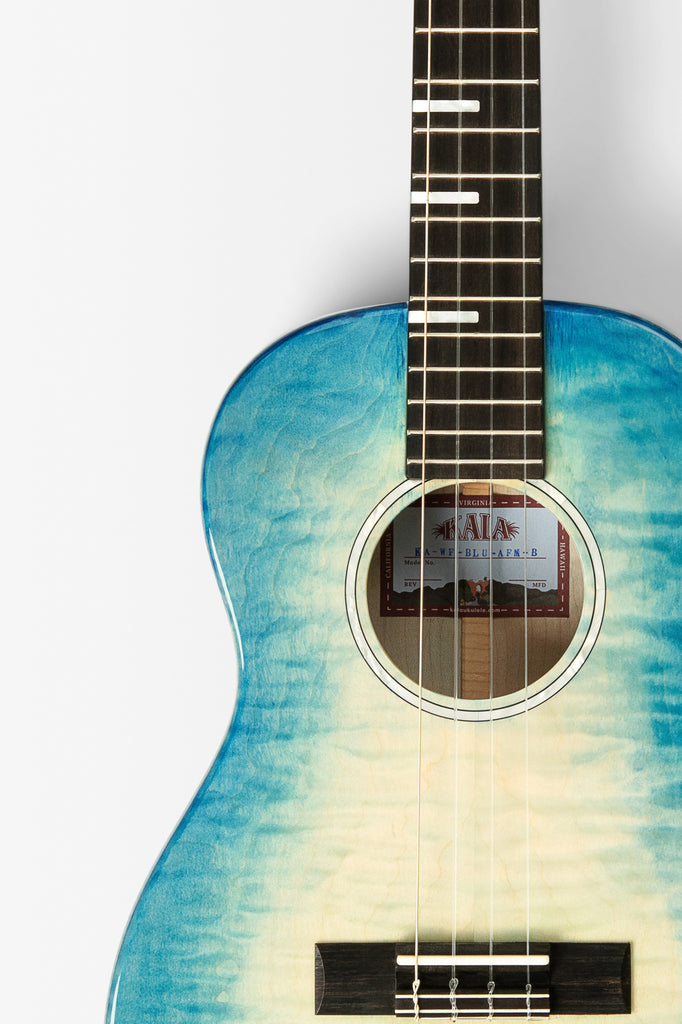 All Solid Blue Flame Maple Waterfall Baritone Ukulele w/ Bag