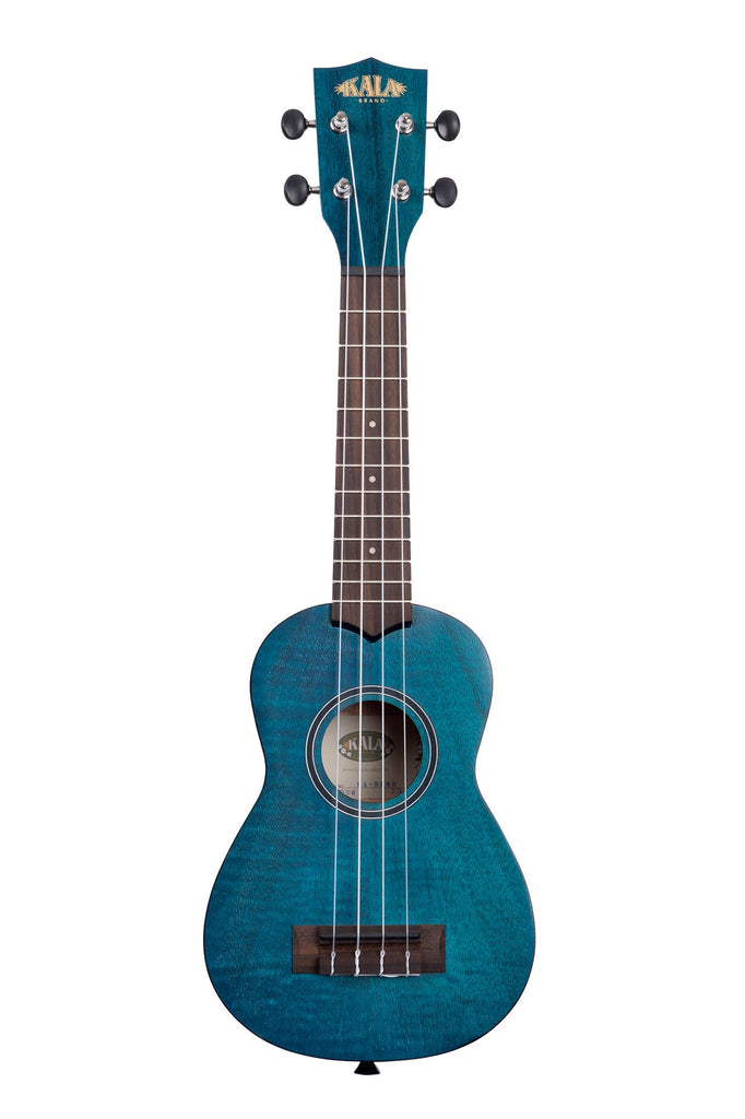 A Blue Exotic Mahogany Soprano Ukulele shown at a front angle