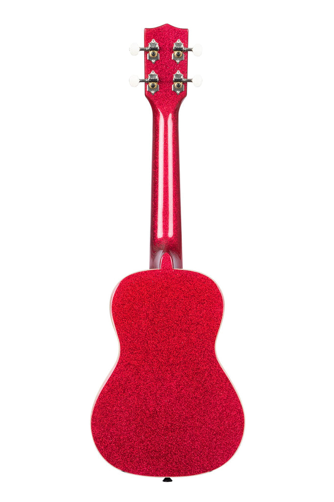 A Ritzy Red Sparkle Concert Ukulele shown at a back angle