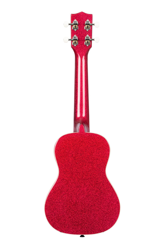 A Ritzy Red Sparkle Concert Ukulele shown at a back angle