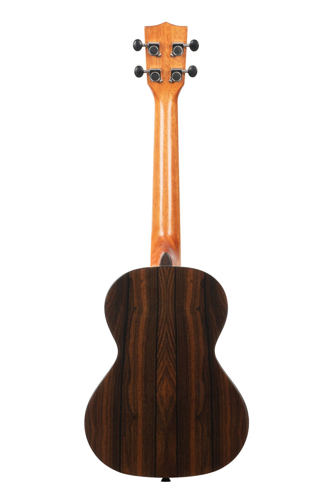 A Ziricote Gloss Tenor Ukulele shown at a back angle