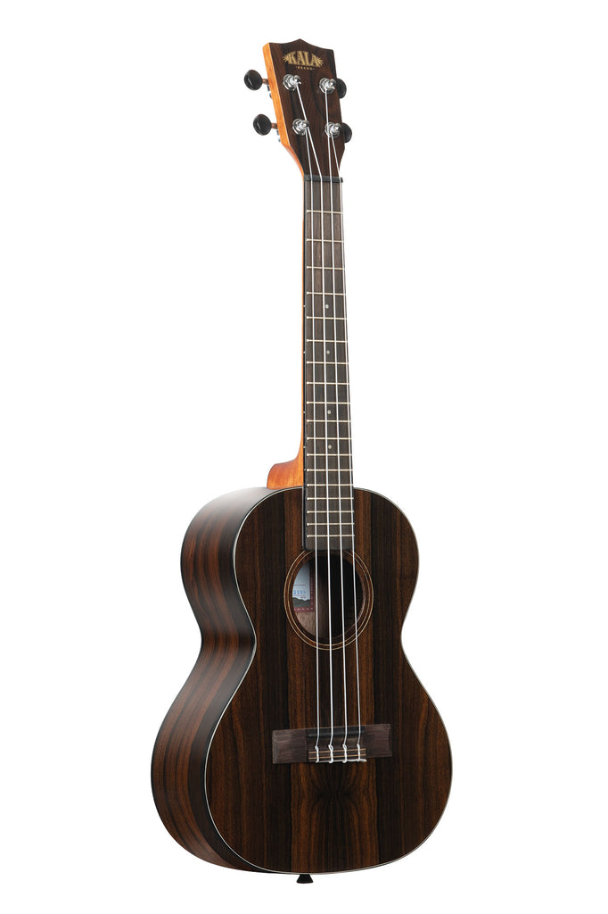 A Ziricote Gloss Tenor Ukulele shown at a right angle