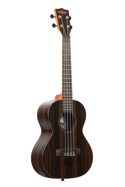 A Ziricote Gloss Tenor Ukulele shown at a right angle