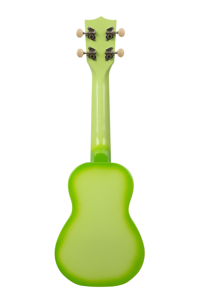 A Green Apple Burst Soprano Dolphin Ukulele shown at a back angle