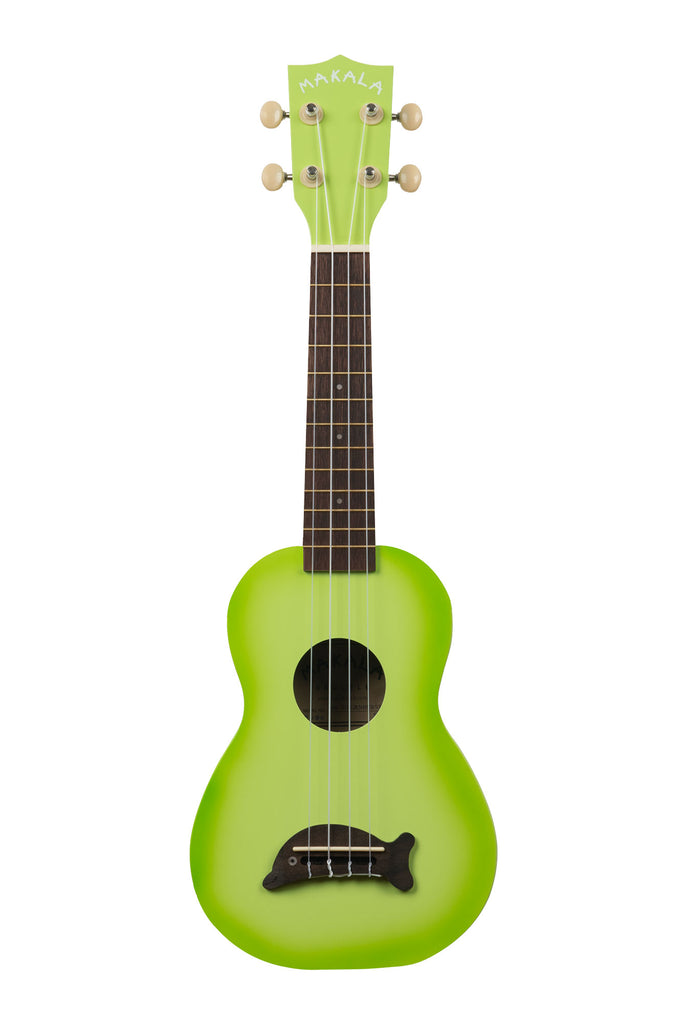 A Green Apple Burst Soprano Dolphin Ukulele shown at a front angle