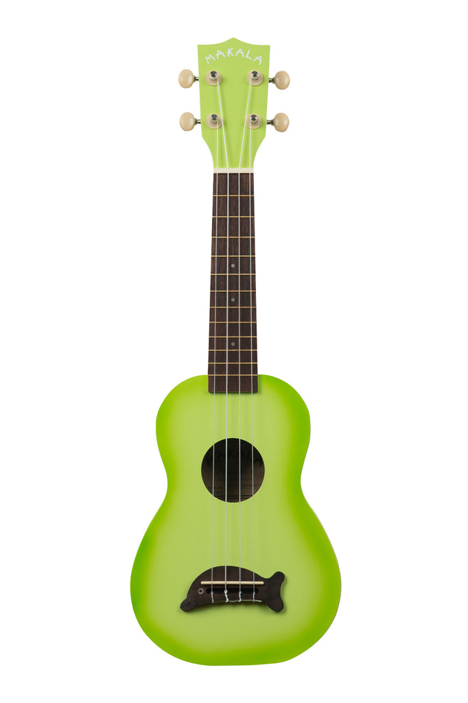 A Green Apple Burst Soprano Dolphin Ukulele shown at a front angle
