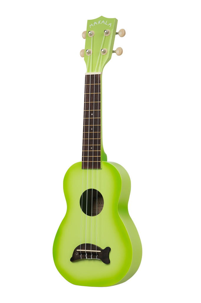 A Green Apple Burst Soprano Dolphin Ukulele shown at a left angle