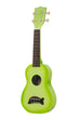 A Green Apple Burst Soprano Dolphin Ukulele shown at a left angle