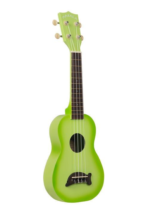 A Green Apple Burst Soprano Dolphin Ukulele shown at a right angle