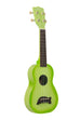 A Green Apple Burst Soprano Dolphin Ukulele shown at a right angle