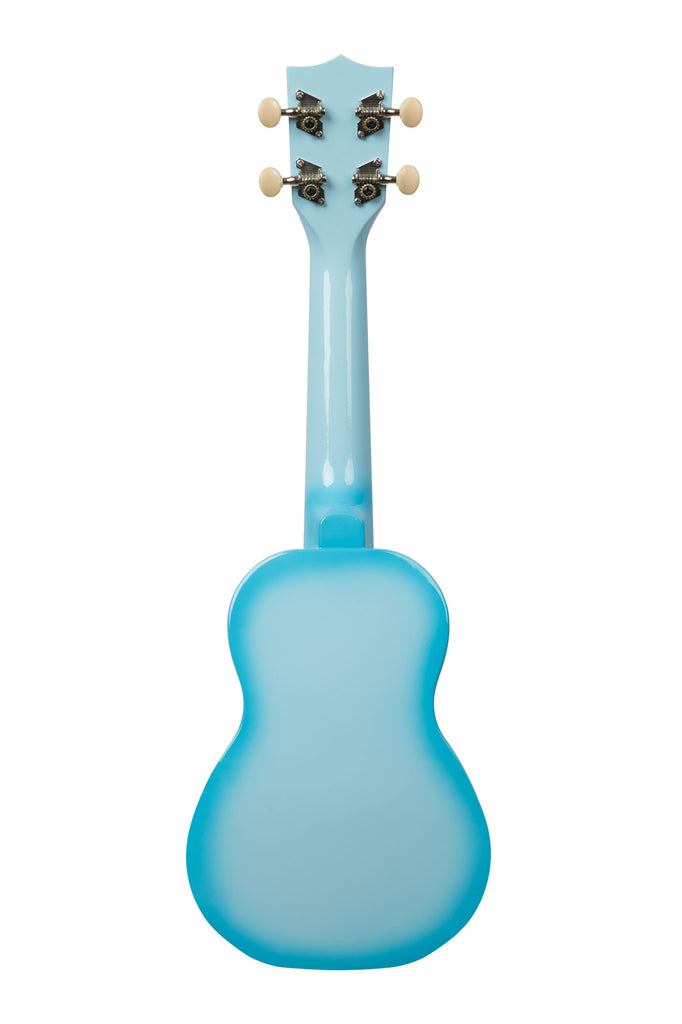 A Light Blue Burst Soprano Dolphin Ukulele shown at a back angle