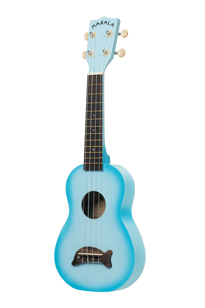 A Light Blue Burst Soprano Dolphin Ukulele shown at a left angle