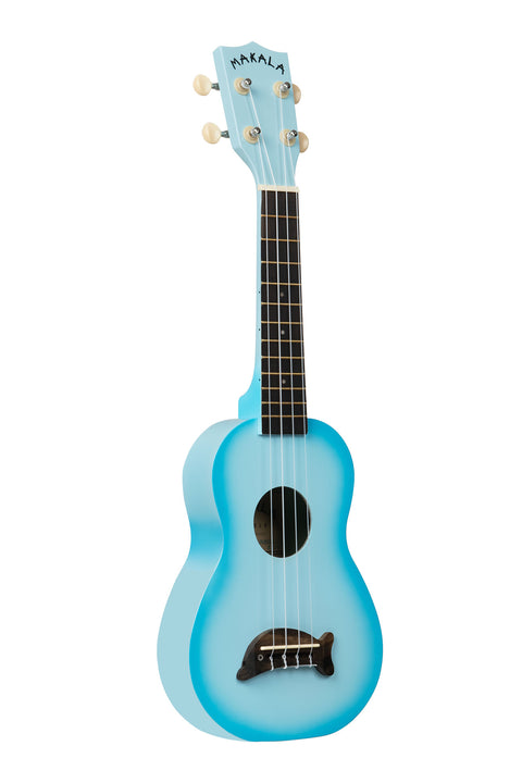 A Light Blue Burst Soprano Dolphin Ukulele shown at a right angle