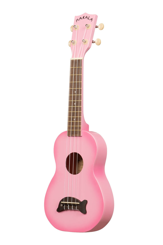 A Pink Burst Soprano Dolphin Ukulele shown at a left angle