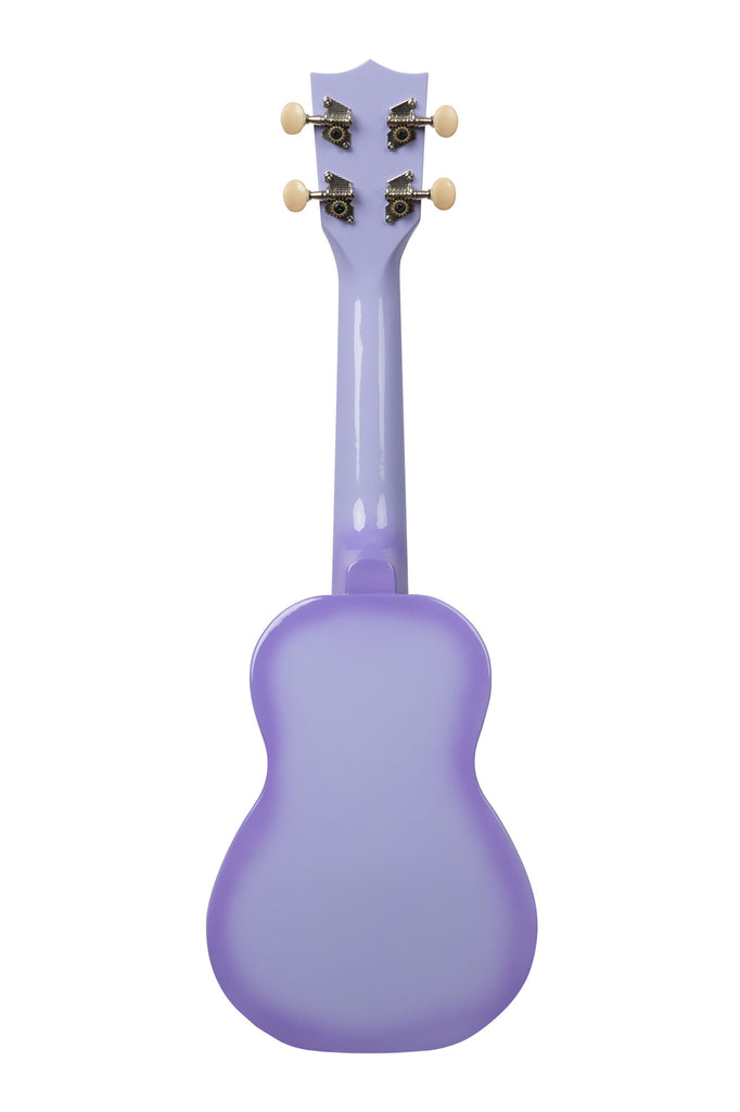 A Purple Burst Soprano Dolphin Ukulele shown at a back angle