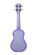 A Purple Burst Soprano Dolphin Ukulele shown at a back angle
