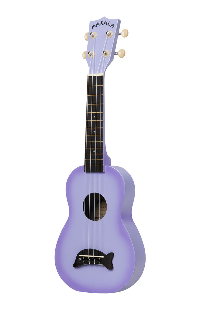 A Purple Burst Soprano Dolphin Ukulele shown at a left angle