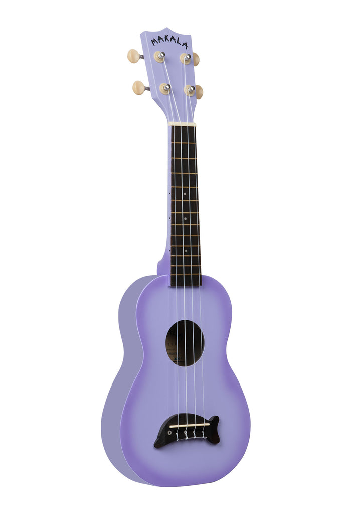 A Purple Burst Soprano Dolphin Ukulele shown at a right angle