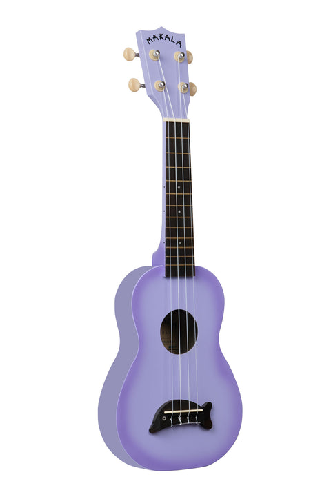 A Purple Burst Soprano Dolphin Ukulele shown at a right angle