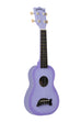 A Purple Burst Soprano Dolphin Ukulele shown at a right angle