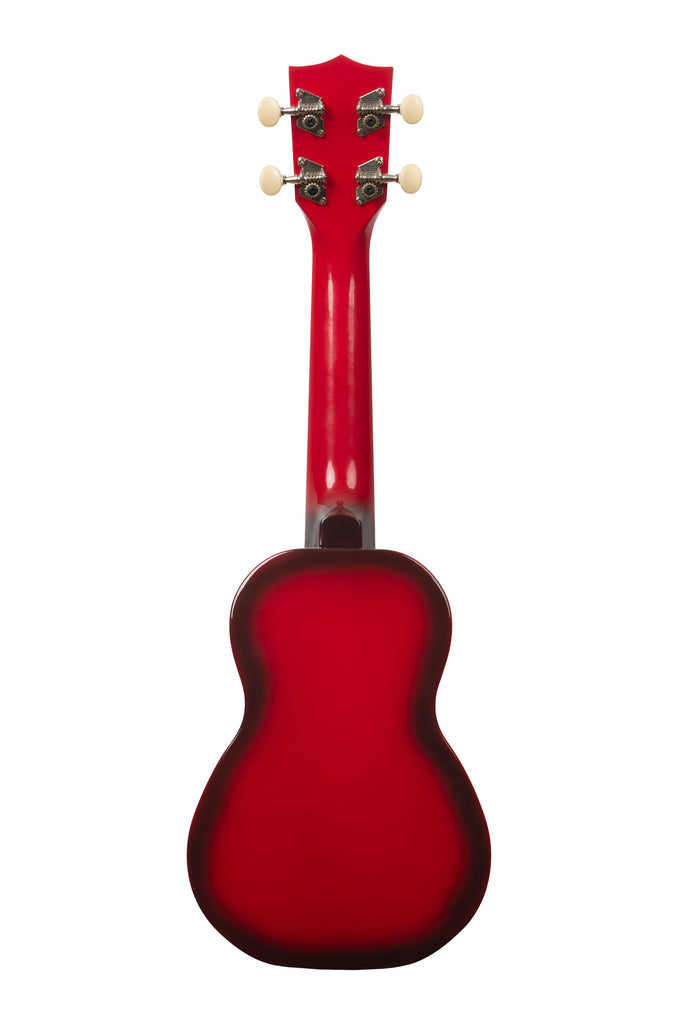 A Red Burst Soprano Dolphin Ukulele shown at a back angle