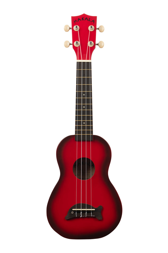 A Red Burst Soprano Dolphin Ukulele shown at a front angle