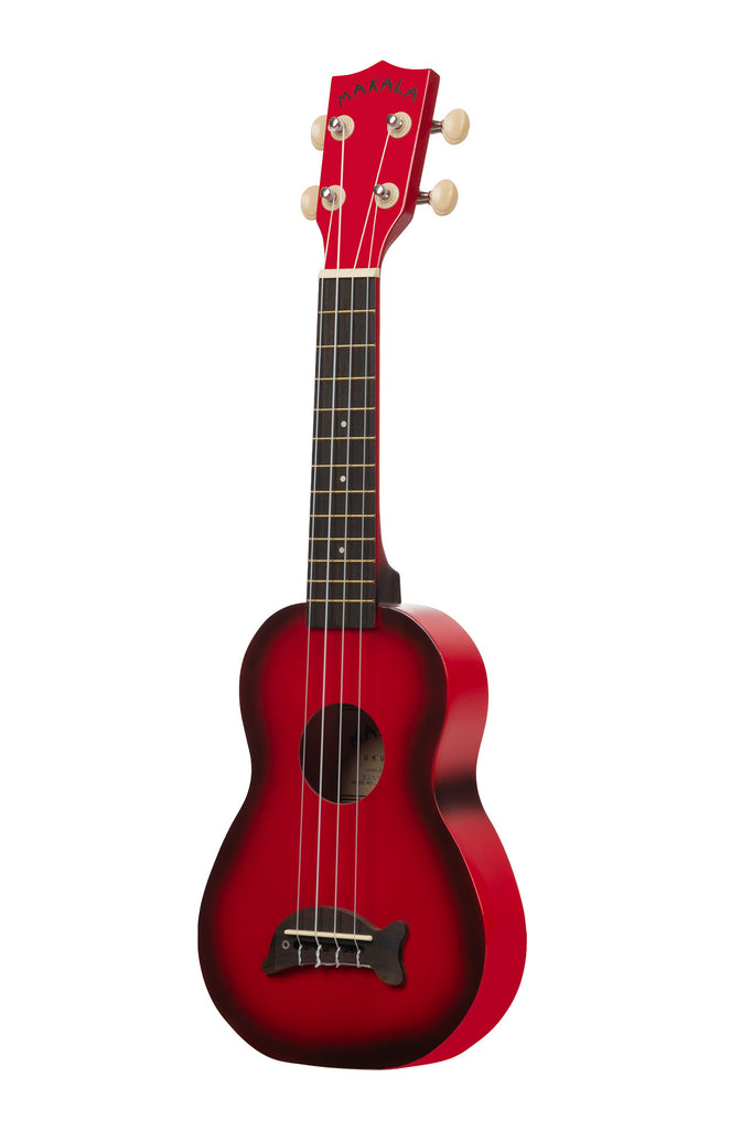 A Red Burst Soprano Dolphin Ukulele shown at a left angle