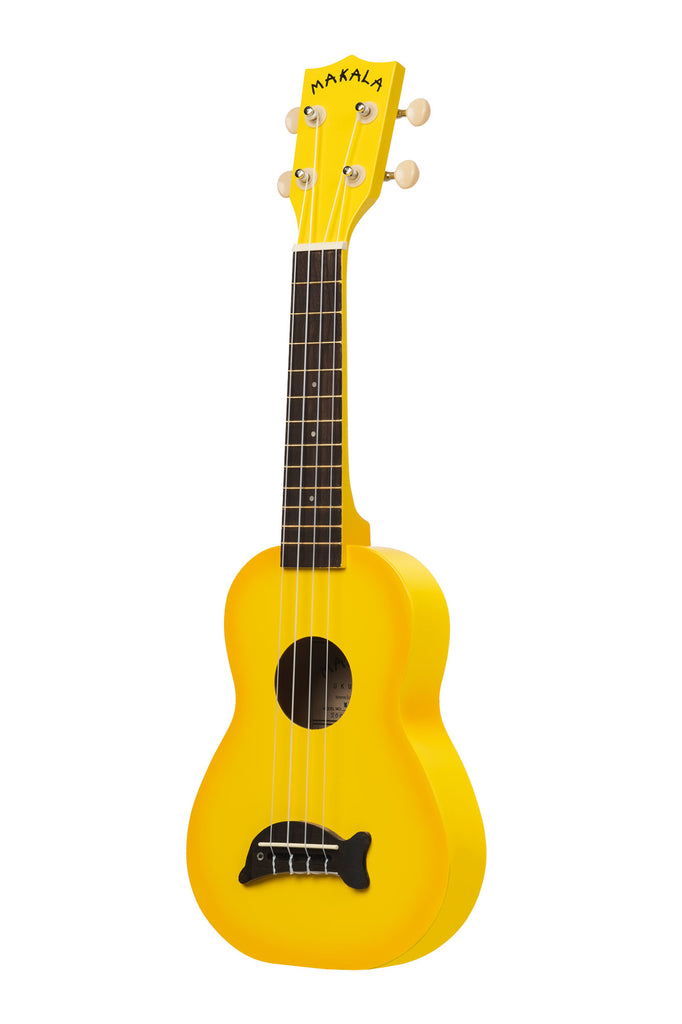A Yellow Burst Soprano Dolphin Ukulele shown at a left angle
