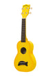 A Yellow Burst Soprano Dolphin Ukulele shown at a left angle