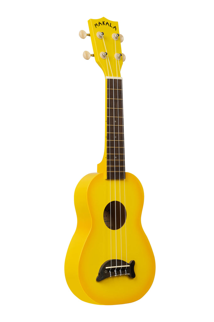 A Yellow Burst Soprano Dolphin Ukulele shown at a right angle