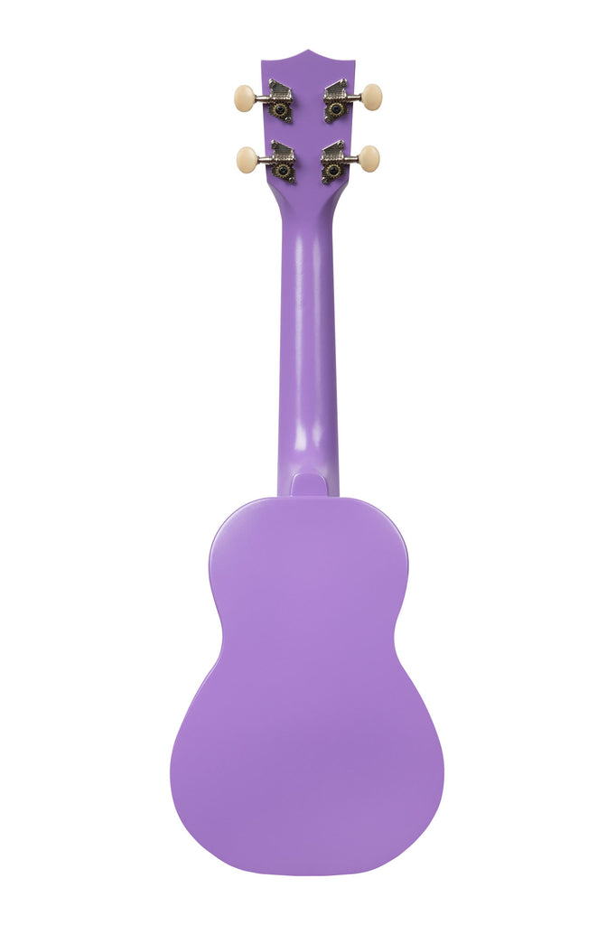 A Sea Urchin Purple Soprano Shark Ukulele shown at a back angle