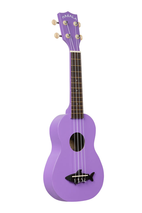 A Sea Urchin Purple Soprano Shark Ukulele shown at a right angle