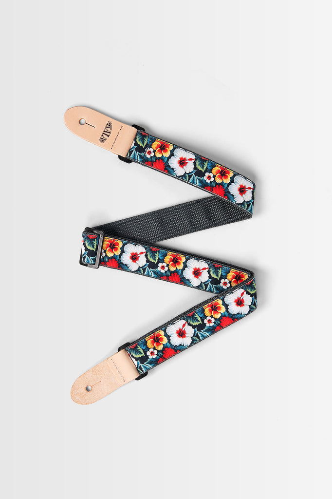 Vintage Hibiscus Print Ukulele Strap - Black