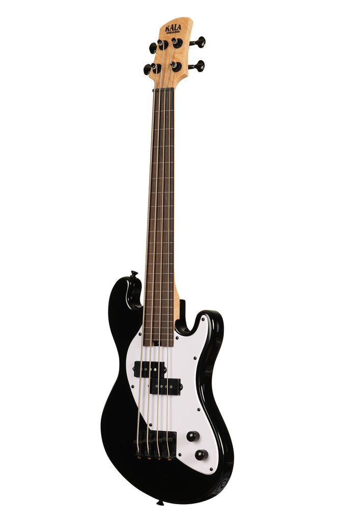 A Solid Body 4-String Jet Black Fretless U•BASS® shown at a left angle