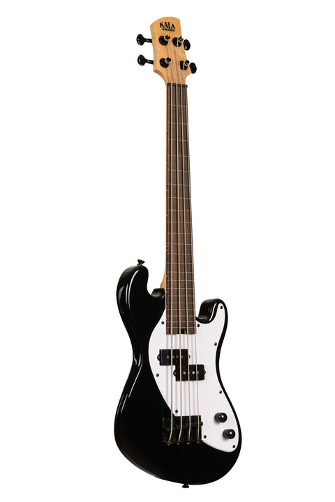 A Solid Body 4-String Jet Black Fretless U•BASS® shown at a right angle