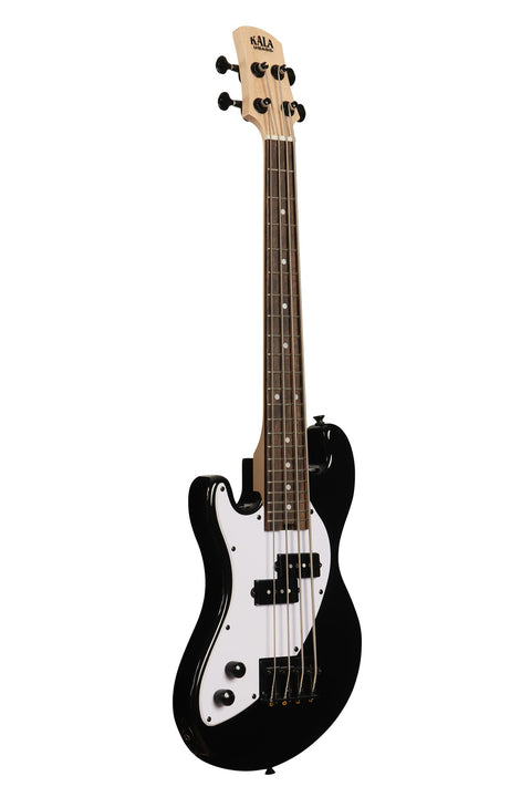 A Solid Body 4-String Jet Black Fretted U•BASS® Left Handed shown at a right angle