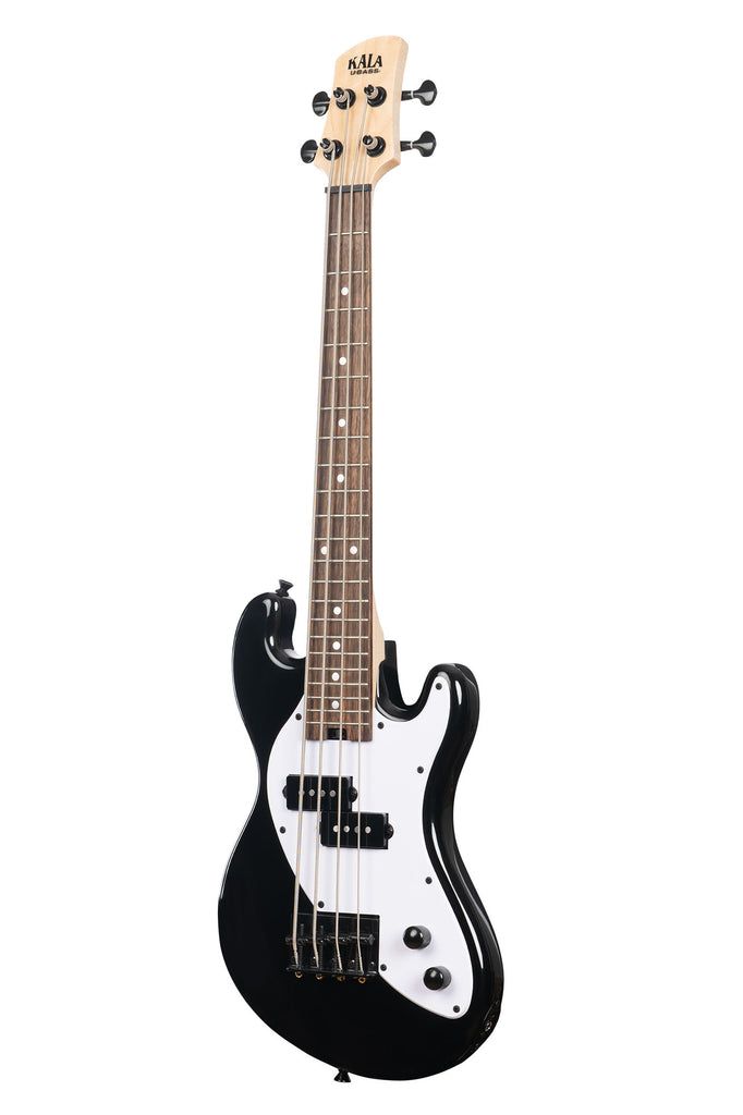 A Solid Body 4-String Jet Black Fretted U•BASS® shown at a left angle