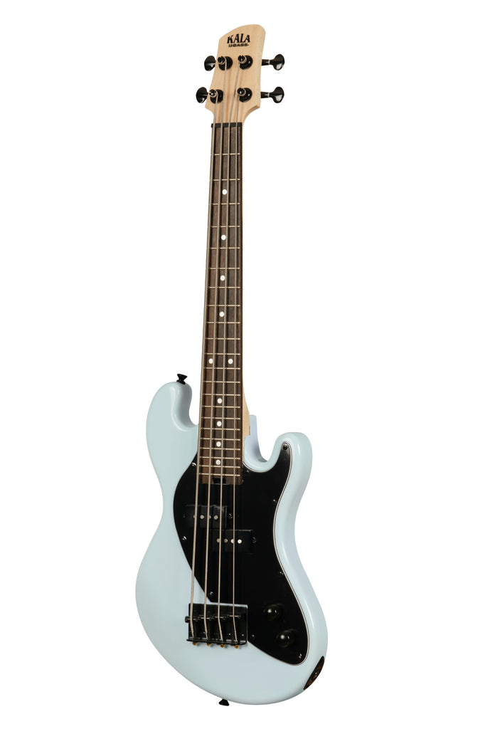 A Solid Body 4-String Powder Blue Fretted U•BASS® shown at a left angle