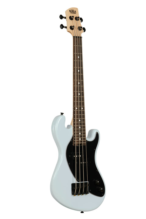 A Solid Body 4-String Powder Blue Fretted U•BASS® shown at a right angle