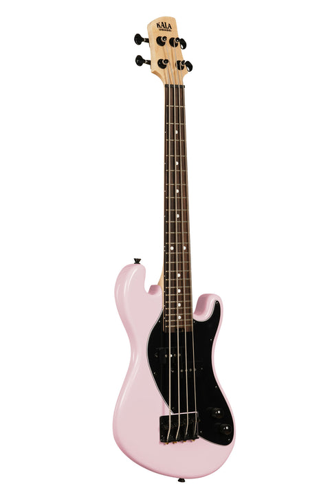 A Solid Body 4-String Pale Pink Fretted U•BASS® shown at a right angle