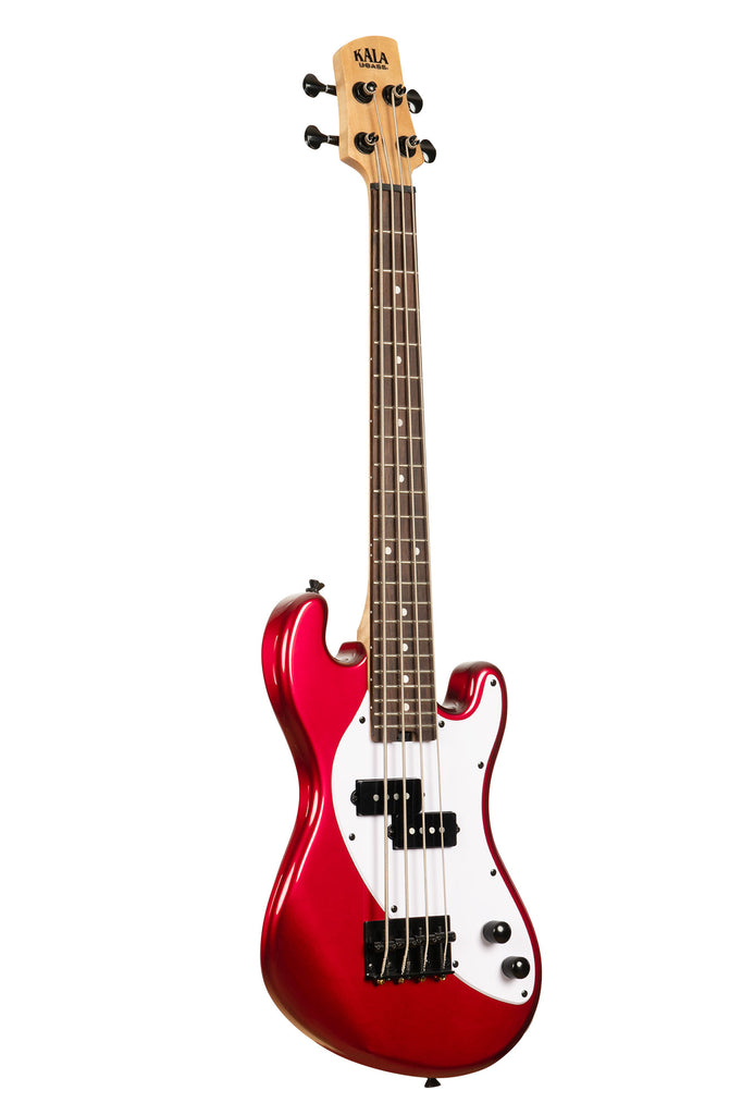 A Solid Body 4-String Candy Apple Red Fretted U•BASS® shown at a right angle