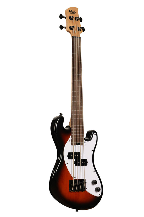 A Solid Body 4-String Sunburst Fretless U•BASS® shown at a right angle