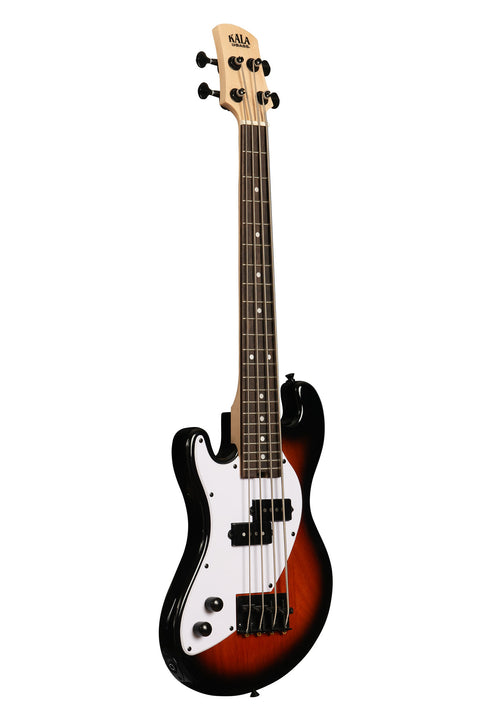 A Solid Body 4-String Sunburst Fretted U•BASS® Left Handed shown at a right angle