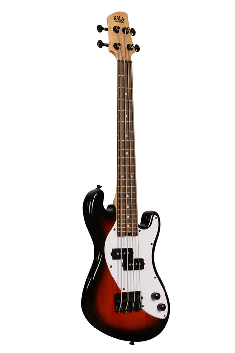 A Solid Body 4-String Sunburst Fretted U•BASS® shown at a right angle