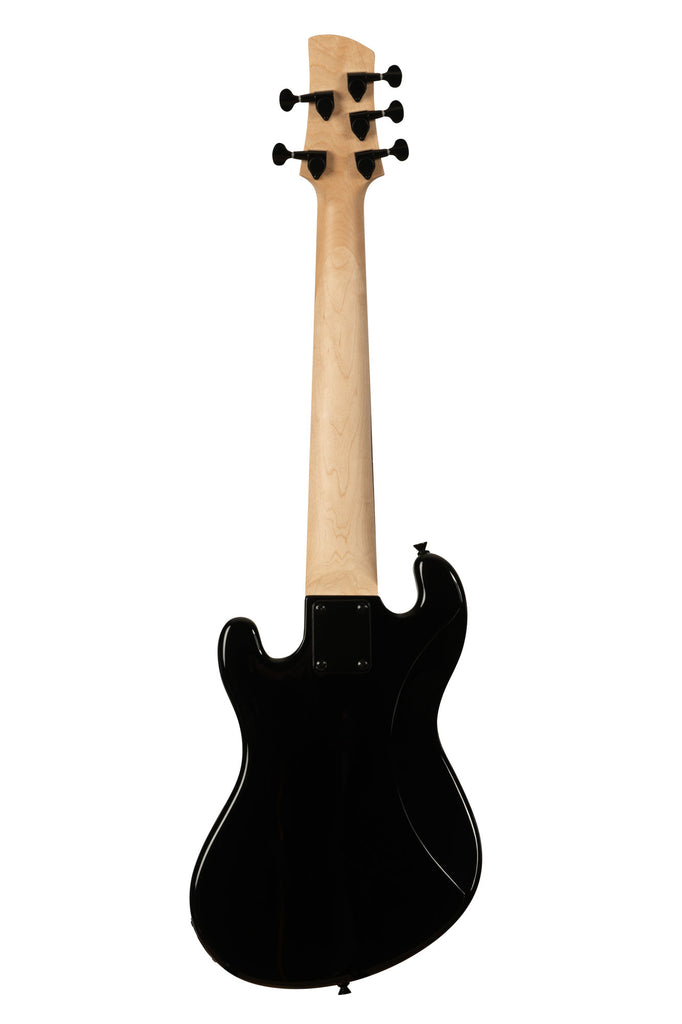 A Solid Body 5-String Jet Black Fretless U•BASS® shown at a back angle