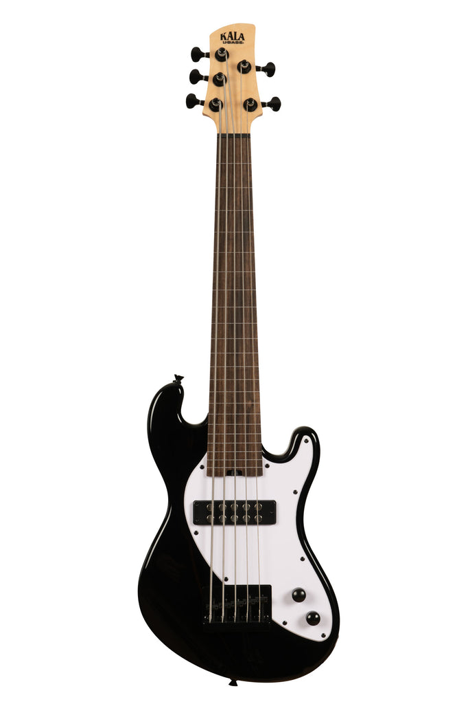 A Solid Body 5-String Jet Black Fretless U•BASS® shown at a front angle
