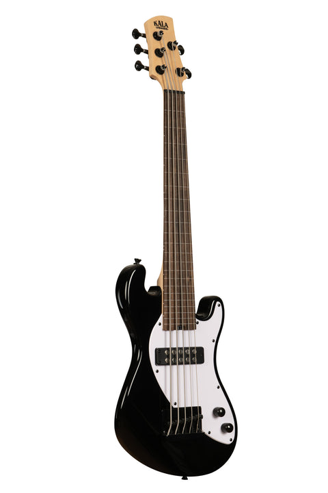 A Solid Body 5-String Jet Black Fretless U•BASS® shown at a right angle