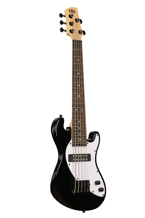 A Solid Body 5-String Jet Black Fretted U•BASS® shown at a right angle