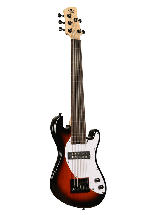 A Solid Body 5-String Sunburst Fretless U•BASS® shown at a right angle